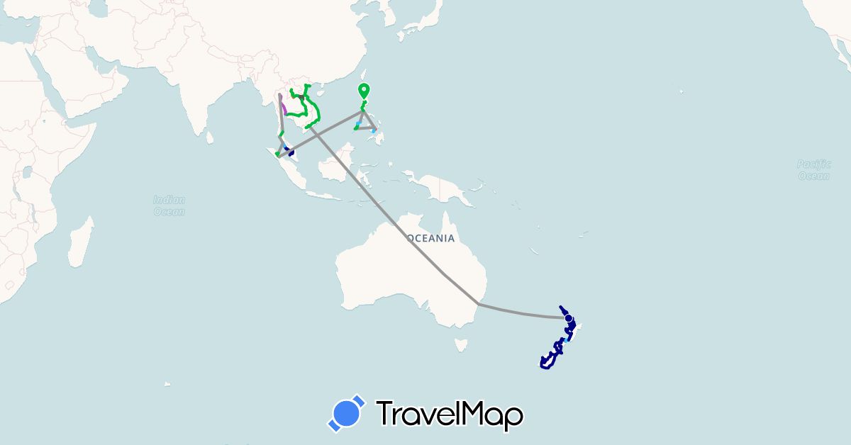 TravelMap itinerary: driving, bus, plane, train, boat, hitchhiking, motorbike, tuk-tuk in Australia, Indonesia, Cambodia, Laos, Malaysia, New Zealand, Philippines, Thailand, Vietnam (Asia, Oceania)